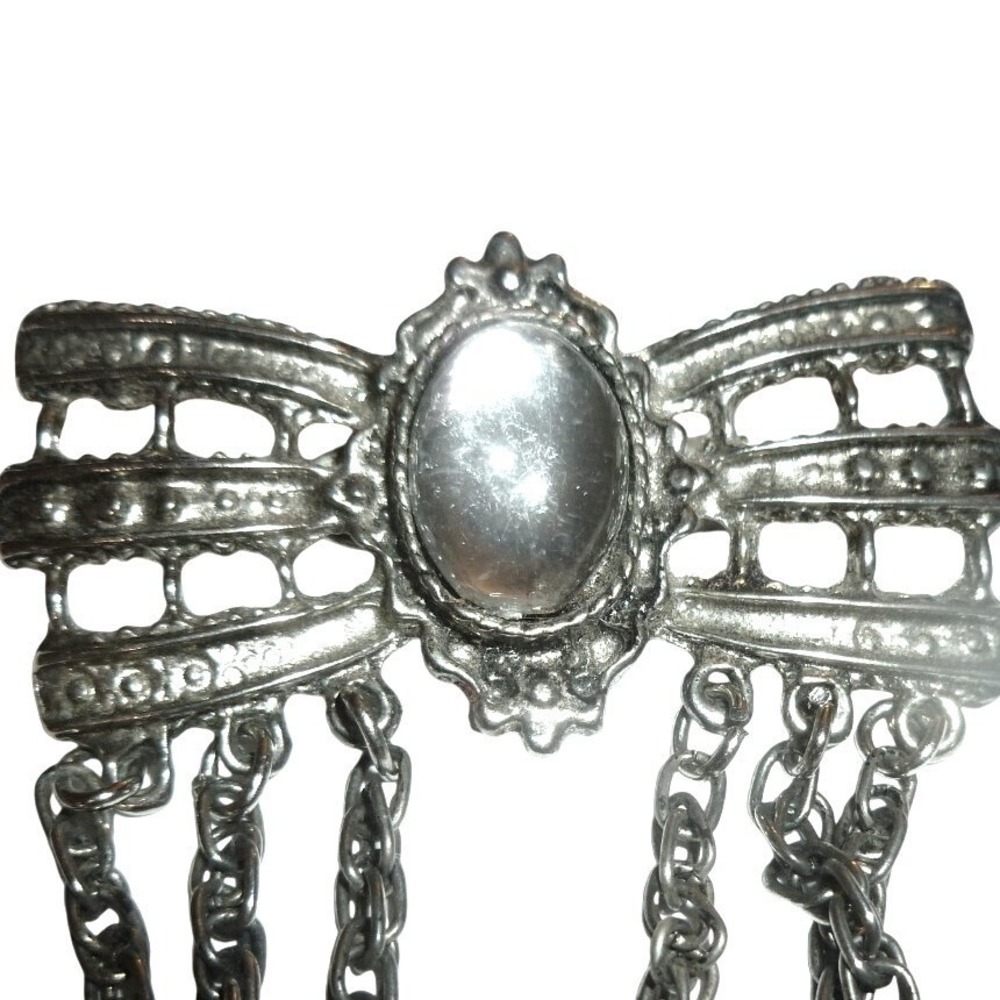 Vintage Silver Tone Bow Brooch with Draping Chains and Faux Moonstone Cabochon